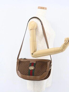 GUCCI Micro GG Canvas Web Sherry Line Shoulder Bag Brown Gold Red Auth 162991